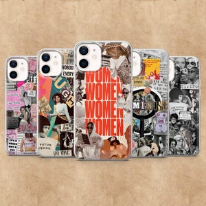 Peut inclure: Cinq coques de téléphone avec des motifs de collage. Les coques présentent des images de femmes, du texte et divers graphiques dans un mélange de couleurs. Le mot "WOMEN" est en évidence sur une coque. Conçues pour smartphone.