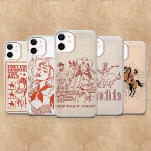 May include: A collection of five phone cases with Western-themed illustrations in shades of red and beige. The designs include a cowgirl, a cowboy with horses, and text that reads "Fortune Favors The Bold" and "Keep Walkin' Cowboy".