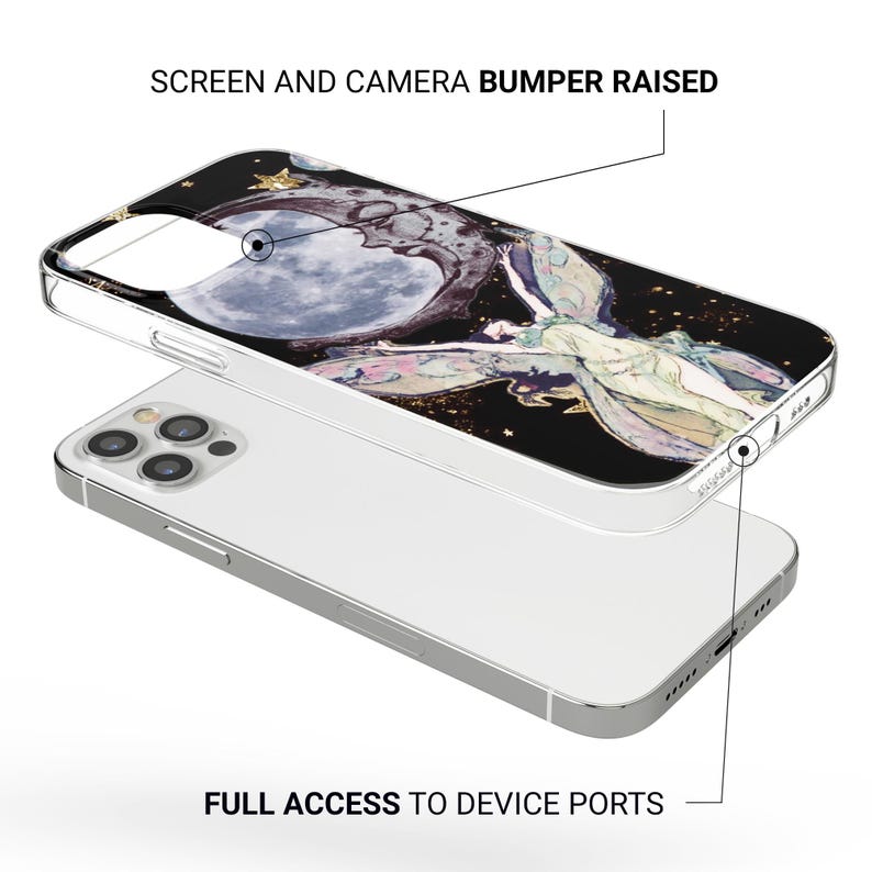 May include: A clear phone case with a black and gold design featuring a celestial illustration of a moon, stars, and a figure with flowing garments. The case has raised edges for screen and camera protection and full access to device ports.