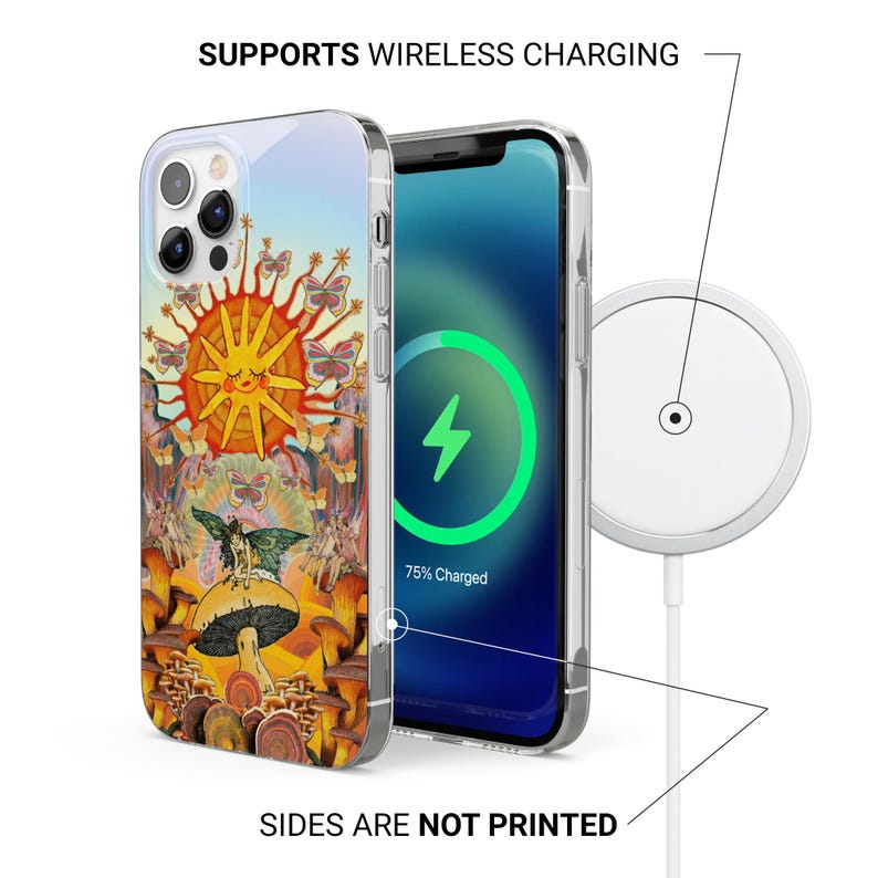 May include: A clear phone case with a colorful design featuring a smiling sun, butterflies, and mushrooms. The phone case is shown with a phone displaying a charging symbol. The text "SUPPORTS WIRELESS CHARGING" and "SIDES ARE NOT PRINTED" are visible.