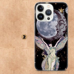 May include: A phone case featuring a celestial design. The case showcases a full moon with a face, a fairy with outstretched arms, and a starry night sky. The fairy is wearing a green dress and has large, colorful wings.