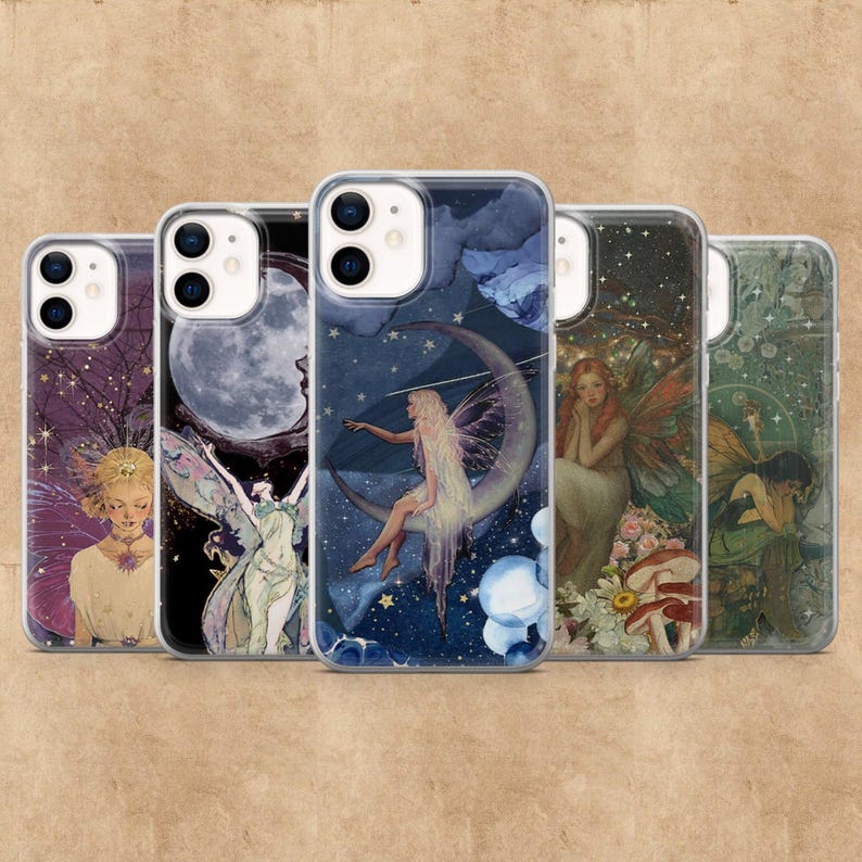 May include: Five phone cases with fairy-themed designs. Each case features a different illustration of a fairy, with backgrounds including moons, stars, and floral elements. The cases have a clear, protective outer layer.