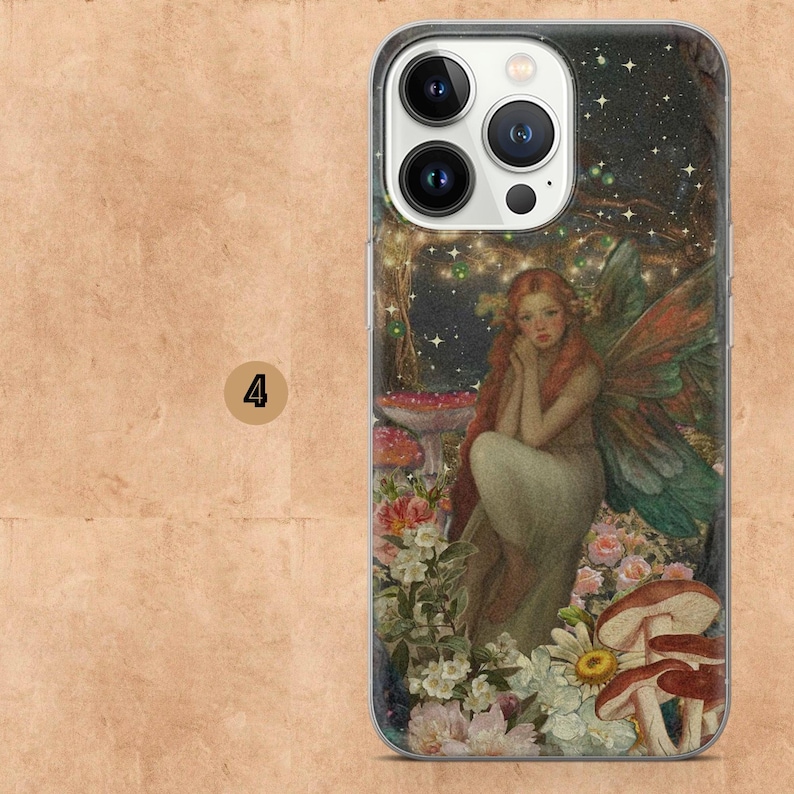 May include: A clear phone case featuring a fairy illustration. The artwork depicts a red-haired fairy with colorful wings, surrounded by flowers, mushrooms, and a starry night sky. The case has a clear border and a number 4 on the left.