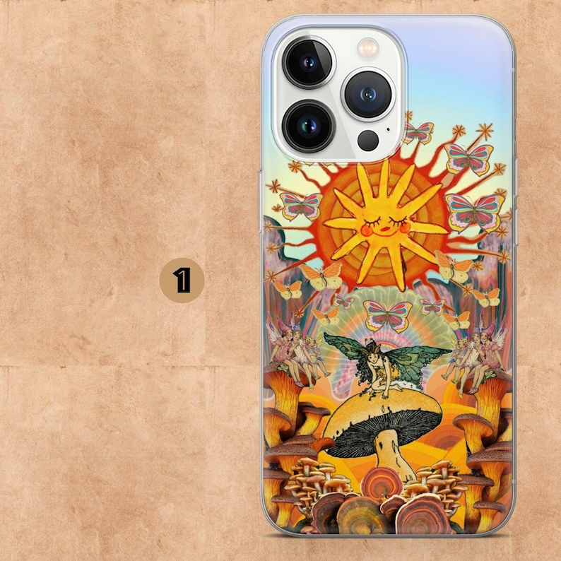 May include: A phone case featuring a colorful, whimsical design. The case showcases a smiling sun, butterflies, fairies, and mushrooms in shades of orange, yellow, and green. The background has a gradient of blue and yellow.
