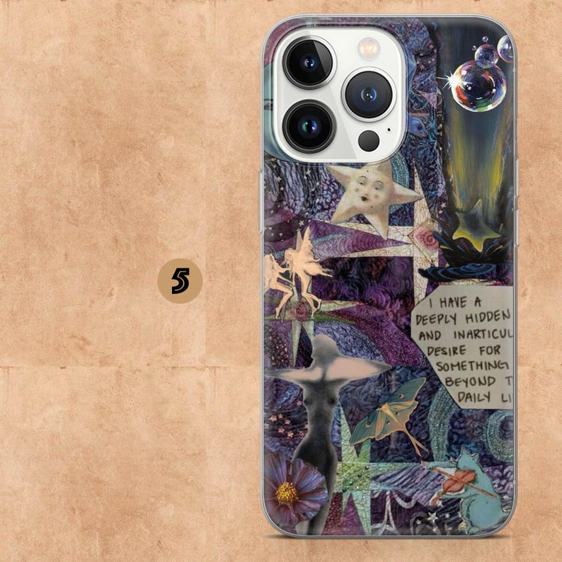 May include: A phone case with a collage design featuring stars, fairies, and a figure. The case has a dark purple and blue color scheme with the text "I HAVE A DEEPLY HIDDEN AND INARTICUL DESIRE FOR SOMETHING BEYOND T DAILY LI".