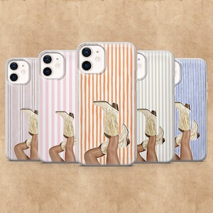 May include: Five phone cases with vertical striped patterns in pink, orange, white, and blue. Each case features an illustration of cowboy boots with legs. The cases are designed for a smartphone.