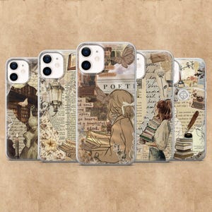 May include: Clear phone cases with vintage-style designs. Each case features a collage of sepia-toned images, including butterflies, books, and handwritten text. The cases have a transparent border, showcasing the phone's design.