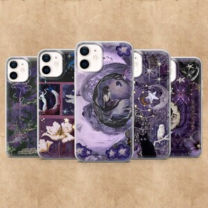 May include: A collection of five phone cases with unique designs in shades of purple. Each case features a different artistic illustration, including a mermaid, a crescent moon, stars, and floral elements. The cases are made of clear plastic.