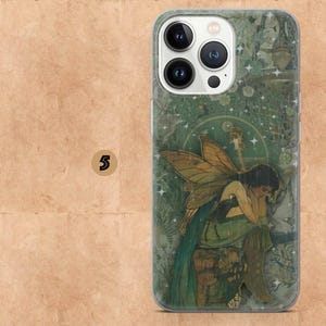 May include: Clear phone case featuring a vintage illustration of a fairy with large, detailed wings, dressed in green and gold. The artwork has a soft, ethereal quality with a green and white background. The number "5" is on the left side.