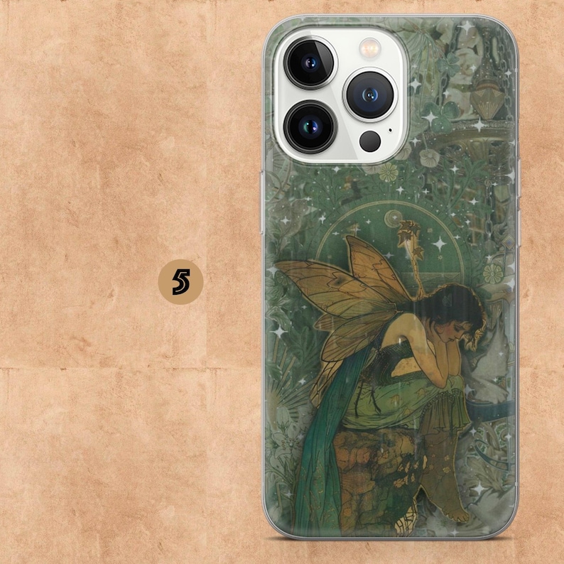 May include: Clear phone case featuring a vintage illustration of a fairy with large, detailed wings, dressed in green and gold. The artwork has a soft, ethereal quality with a green and white background. The number "5" is on the left side.