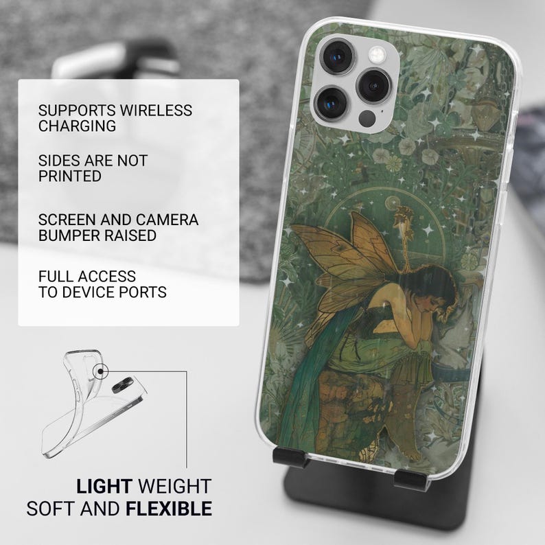 May include: Clear phone case featuring a vintage-style illustration of a fairy with green and gold wings. The case has a raised screen and camera bumper and supports wireless charging. The text on the case reads: "LIGHT WEIGHT SOFT AND FLEXIBLE".