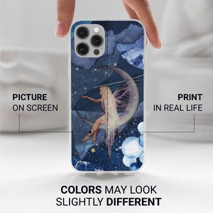 May include: A phone case featuring a celestial design with a fairy sitting on a crescent moon. The case has a blue and white color scheme with stars and clouds. Text on the case reads "Picture on Screen" and "Print in Real Life". The text "Colors may look slightly different" is also present.