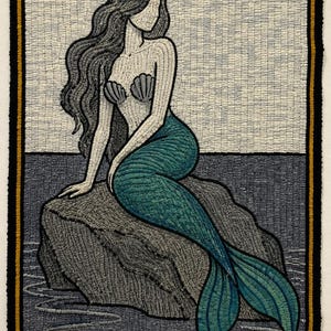 Puede incluir: Una obra de arte tejida que representa una sirena sentada en una roca. La sirena tiene pelo largo gris, un sujetador de concha y una cola verde azulado. El fondo muestra agua y cielo, enmarcado por un borde negro y dorado.