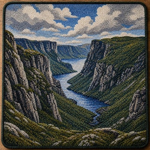 May include: A square, hand-hooked rug depicting a scenic landscape. The design features a river winding through a canyon, with green, gray, and blue hues. Fluffy white clouds fill the blue sky above the canyon.