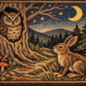May include: A rectangular rug featuring a textured needlepoint design of a brown owl perched inside a tree hollow, a brown rabbit sitting on the ground, orange mushrooms, a yellow crescent moon, and stars against a dark blue night sky.