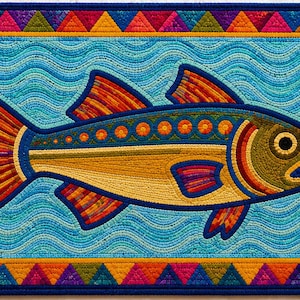 May include: A rectangular textile wall hanging featuring a central fish with yellow, green, and orange scales swimming in blue wavy water. The border consists of a colorful geometric pattern of triangles in red, orange, purple, and blue.
