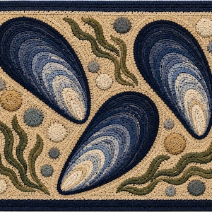 May include: A rectangular rug with a navy blue border features a beige background with three large blue mussel shell designs. Green seaweed and various round shapes in beige, blue, and brown complete the nautical theme.