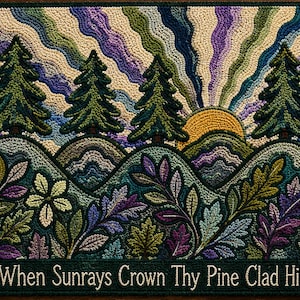 May include: A detailed rug depicting a landscape with fir trees, hills, and a sunset. The design uses greens, blues, purples, and yellows. The text "When Sunrays Crown Thy Pine Clad Hills" is displayed at the bottom of the rug.