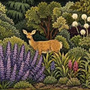 Könnte beinhalten: Ein texturierter Stickteppich, der ein rehbraunes Reh in einem üppigen Garten zeigt. Die Szene umfasst leuchtend violetten Lavendel, grünes Blattwerk, dunkle Bäume, weiße kugelförmige Blüten und kleine rosa Blumen vor einem dunklen Hintergrund.