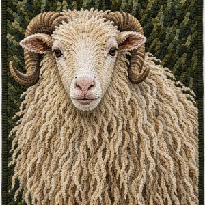 May include: A rectangular fiber art wall hanging featuring a detailed, three-dimensional hooked rug portrait of a ram. The ram has cream-colored, textured wool, curved brown horns, and dark eyes, set against a dark green, mossy-textured background.