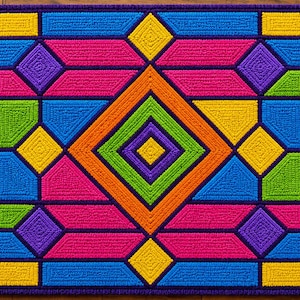 Könnte beinhalten: Ein lebendiger, geometrischer Teppich mit einem farbenfrohen Design. Der Teppich zeigt ein symmetrisches Muster mit Formen in Blau-, Grün-, Gelb-, Lila-, Orange- und Rosatönen, umrandet von Dunkellila. Der Teppich hat eine rechteckige Form.