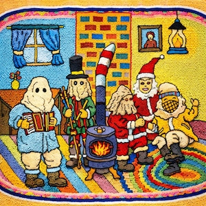 May include: A colorful, folk art rug depicting a group of costumed figures gathered around a stove. The scene includes a window, a framed portrait, and a lantern. The rug features a vibrant palette of blues, yellows, reds, and greens, creating a whimsical and festive atmosphere.