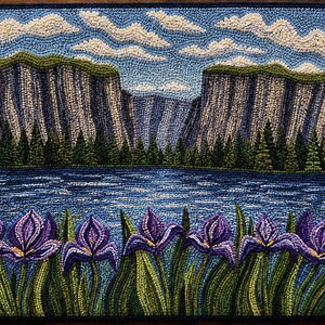 May include: Hand-tufted rug depicting a scenic landscape. The design features a blue river, towering cliffs, and a sky with fluffy white clouds. Purple irises bloom in the foreground. The rug's border is a dark blue.