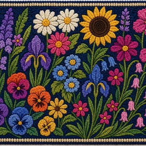 Peut inclure: Un tapis rectangulaire bleu marine orné d'un motif floral. Il présente diverses fleurs colorées, dont des marguerites, des tournesols et des iris. Le tapis a une bordure crème et est probablement fait d'une matière tissée.
