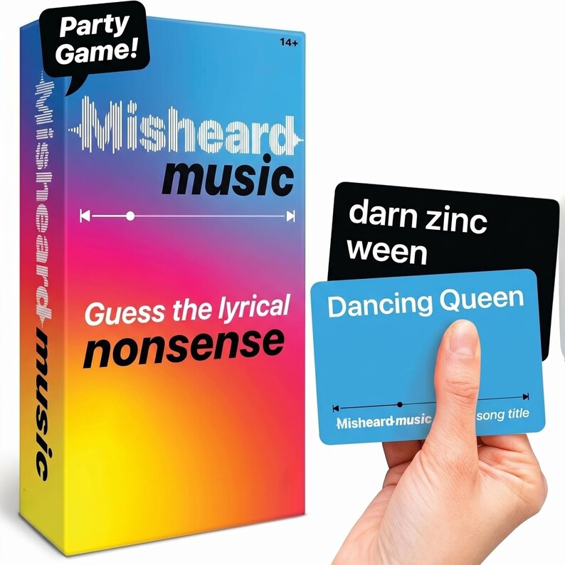 May include: A party game box with a gradient background of pink, blue, and yellow. The box reads "Misheard Music" and "Guess the lyrical nonsense." Two cards are displayed, one black with "darn zinc ween" and a blue card with "Dancing Queen."