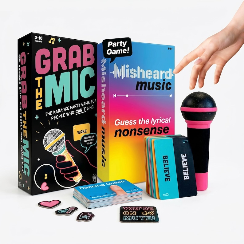 May include: Two party games, "Grab the Mic" and "Misheard Music," with colorful boxes and card decks. A black and pink microphone prop and game-related tokens are also present. The games are designed for 2-10 players.