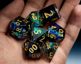 Handmade Galaxy Resin Dice Set | Blue Nebula DND RPG Dice (7-Piece Polyhedral)