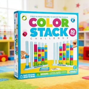 May include: A boxed Color Stack Challenge game. The box is blue with the words "COLOR STACK CHALLENGE" in large, colorful letters. The game includes colorful rings and vertical posts. The text on the box says "Stack & Swap Colors to Solve the Puzzle."
