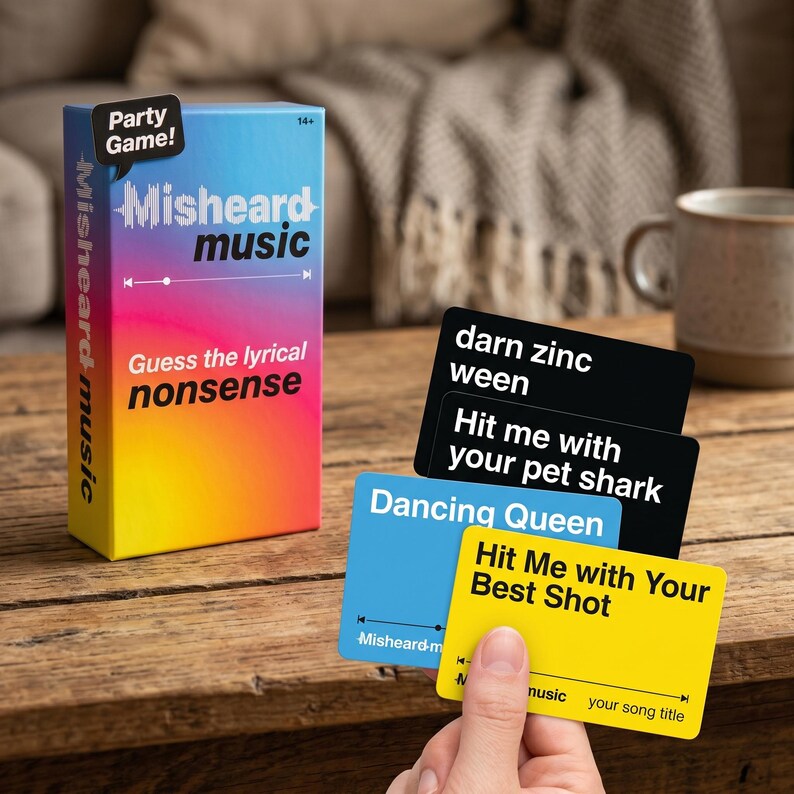 May include: A party game box with the title "Misheard Music" and the tagline "Guess the lyrical nonsense." Several game cards are visible, including "Hit Me with Your Best Shot" and "Dancing Queen."