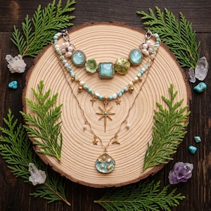 Coastal Mermaid Layered Necklace Set | Teal Sea Glass & Gold Starfish Choker | Boho Beach Shell Statement Jewelry | Nautical Gift for Her