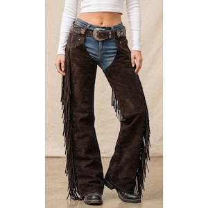 Women's Dark Brown Faux Suede Leather Fringed Chaps | Rave Fashion Western Cowboy Pants | Vintage Rodeo Ranch Wear | Biker Tassel Leggings