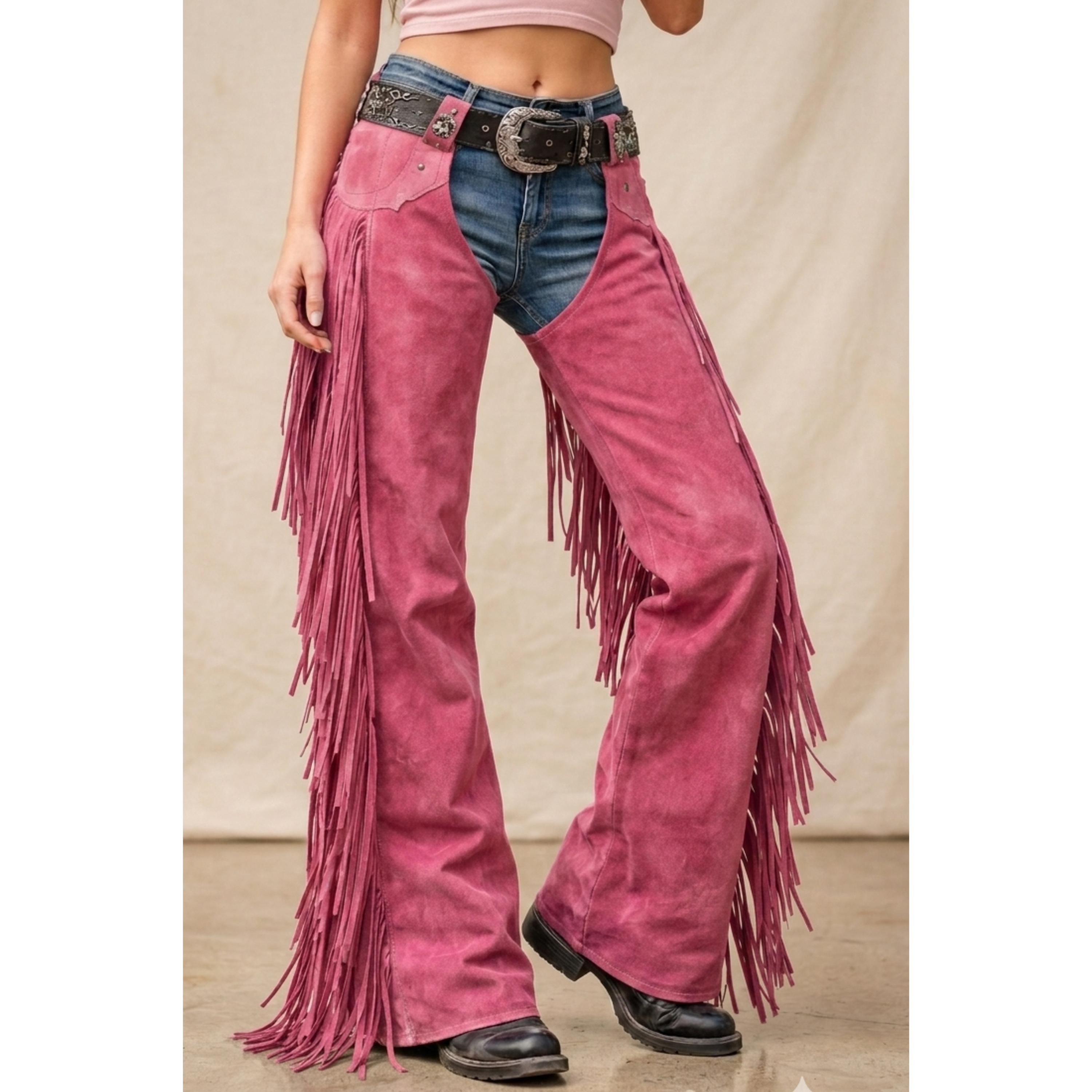 Women's Pink Faux Suede Leather Fringed Chaps Rave Fashion Western Cowboy Pants Vintage Style Rodeo Ranch Wear Biker Tassel Leggings