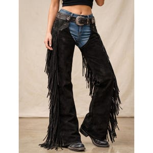 Women's Black Faux Suede Leather Fringed Chaps | Rave Fashion Western Cowgirl Pants | Vintage Style Rodeo Ranch Wear | Biker Tassel Leggings