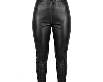 Leggings i fårskinn med hög midja för kvinnor | Byxor i äkta lammskinn med våt look | Strumpbyxor i äkta läder | Anpassad storlek tillgänglig