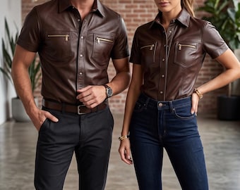 Brown Sheepskin Leather Quilted Shirt | Western Cowboy Style | Summer Soft Genuine Leathers for Biker |  Vintage Style  Men and Women Shirts