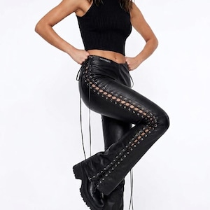 Svarta läderbyxor med snörning för dam – Gotiska skinnybyxor med hög midja – Punkbyxor – Festivaloutfit – Bikermode bild 1