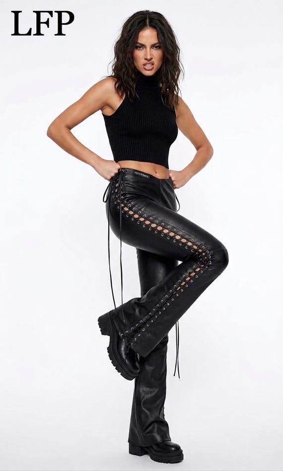 Women’s Black Leather Lace-Up Pants – High Waist Gothic Skinny Pants – Punk Style Trousers – Festival Outfit – Biker Fashion