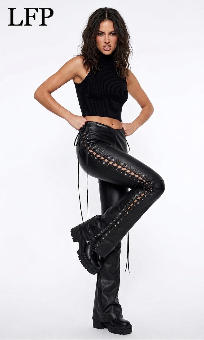 Svarta läderbyxor med snörning för dam – Gotiska skinnybyxor med hög midja – Punkbyxor – Festivaloutfit – Bikermode bild 1