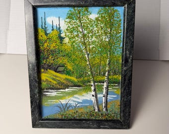 VTG Signed Russian Ural Stone & Mineral Mosaic Birch Landscape Gemstone Art 9x7"