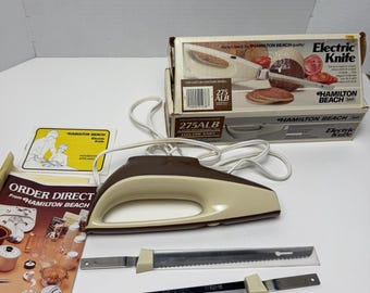 Cuchillo eléctrico VTG Hamilton Beach 275ALB color marrón almendra con cuchillas de caja, estilo retro para cocina.