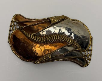 Vintage brutalist gemengde metalen gesp handgemaakt koper messing zilverkleur