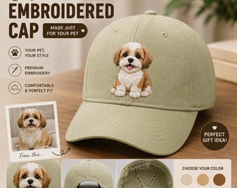 Custom Embroidered Pet Hat from Photo, Personalized Dog Embroidery Cap, Vintage Washed Baseball Cap, Custom Pet Portrait Gift