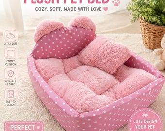 Handmade Dog Bed n Cat Bed Pink, Washable Pet Sofa Bed with Removable Cushion, Soft Plush Puppy Bed, Small Dog Bed, Cozy Pet Nest