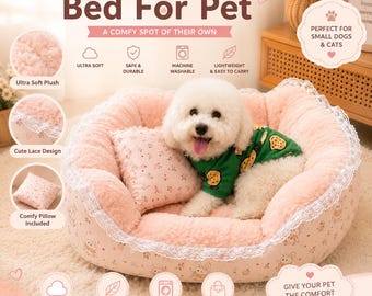 Cute Pink Princess Dog Bed, Handmade Soft Plush Pet Bed, Luxury Cat Bed, Cozy Puppy Sofa, Thick Fluffy Dog Cushion, Small Dog Bed
