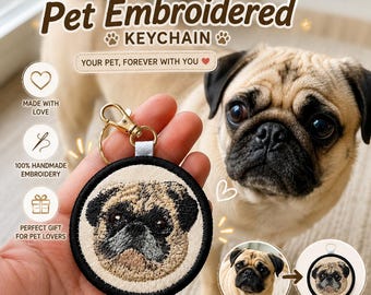Custom Embroidered Pet Portrait Keychain, Handmade Pet Memorial Gift, Personalized Dog Cat Face Keyring