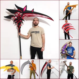 May include: A selection of fantasy scythes in various colours, including red, black, gold, and silver. The scythes have ornate designs and are held by a person. The scythes are likely props or cosplay items.